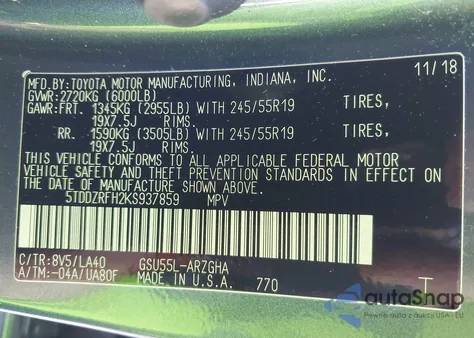 2019 Toyota Highlander Limited z USA, uszkodzony, nr VIN 5TDDZRFH2KS937859